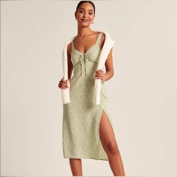 Abercrombie & Fitch Slip Dress M Green Floral Midi Smocked Dainty Slit M Cottage - Picture 4 of 14